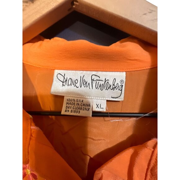 Vintage Diane Von Furstenberg Womens XL Orange Silk Embroidered Button-Up Blouse - Picture 3 of 4